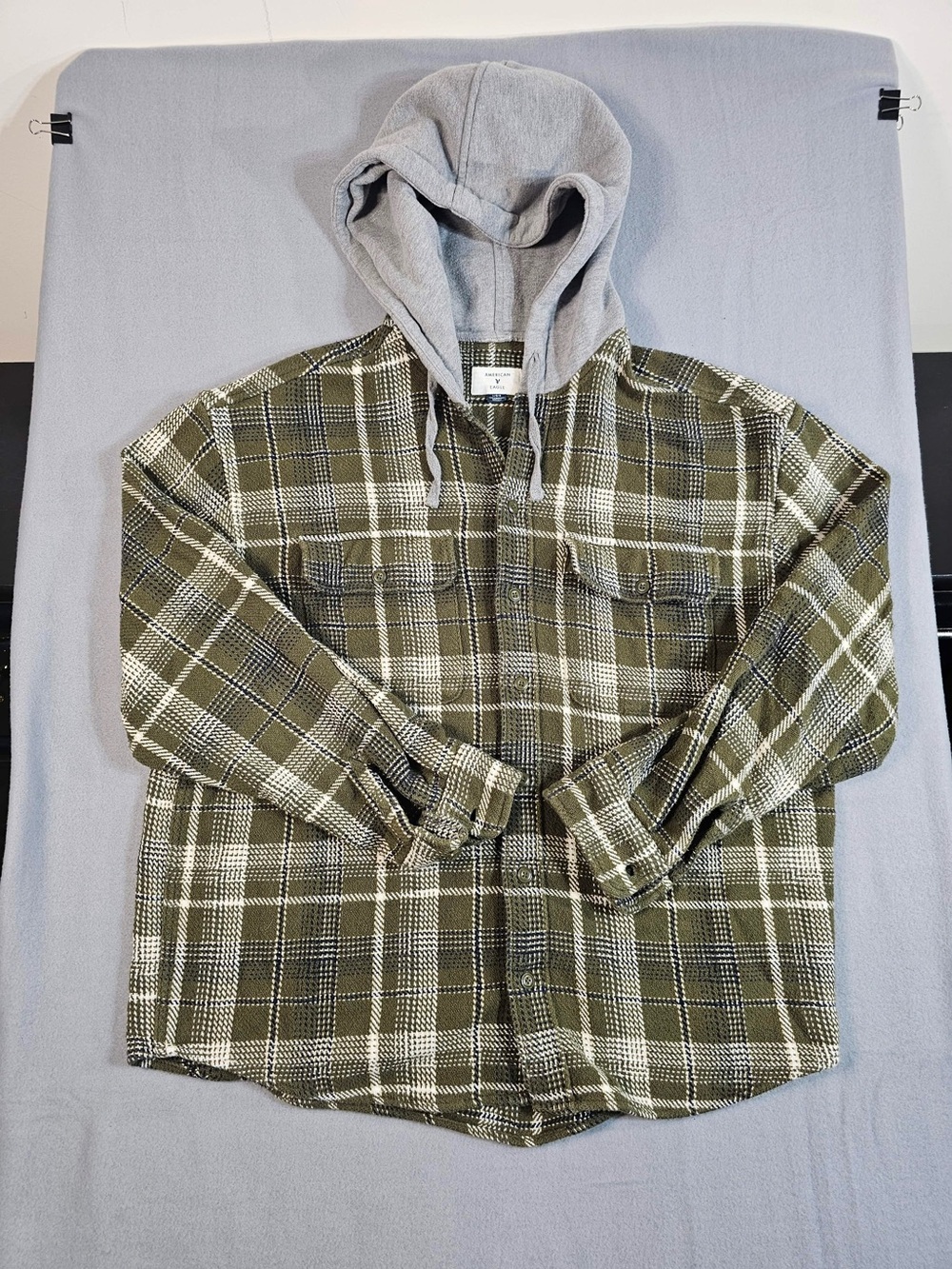 #186 American Eagle Men’s Hooded Plaid Flannel Shirt Jacket Size L Green Gray